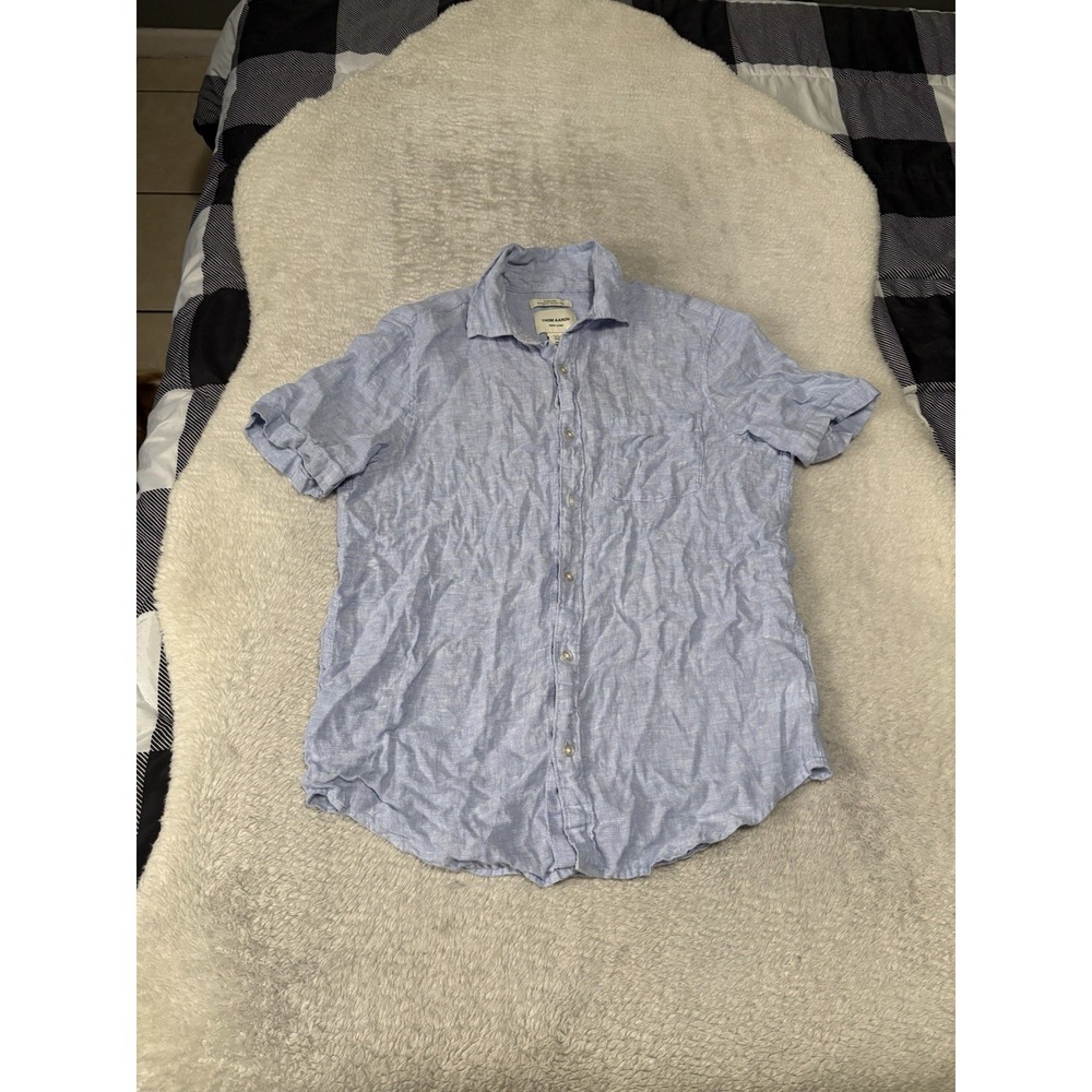 THOM AARON Men's Button Down 100% LINEN Blue Shirt Short Sleeve Size Medium